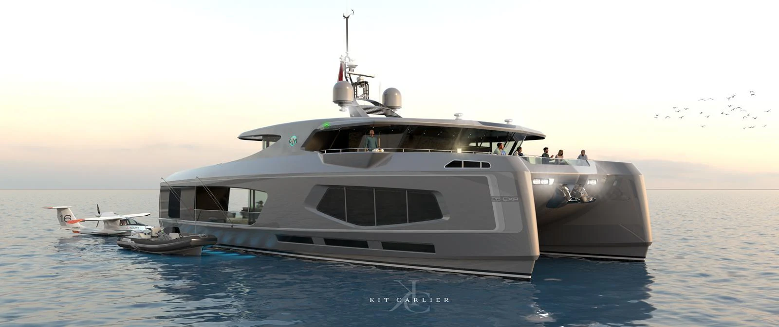 A sleek and modern yacht is anchored on calm waters, showcasing its contemporary design and luxurious amenities. aboard MAZARIN - GLOBEMASTER Yacht for Sale