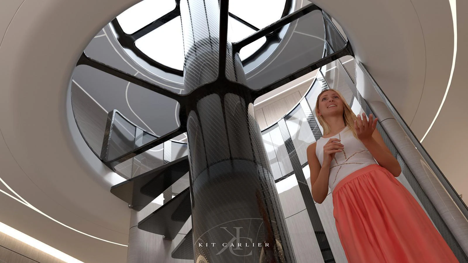 A stunning interior view showcasing a modern spiral staircase and sleek design elements. aboard MAZARIN - GLOBEMASTER Yacht for Sale