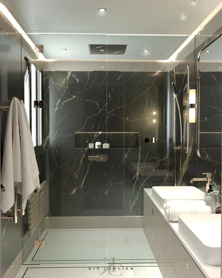 A luxurious yacht bathroom with modern fixtures and elegant design. aboard MAZARIN - GLOBEMASTER Yacht for Sale