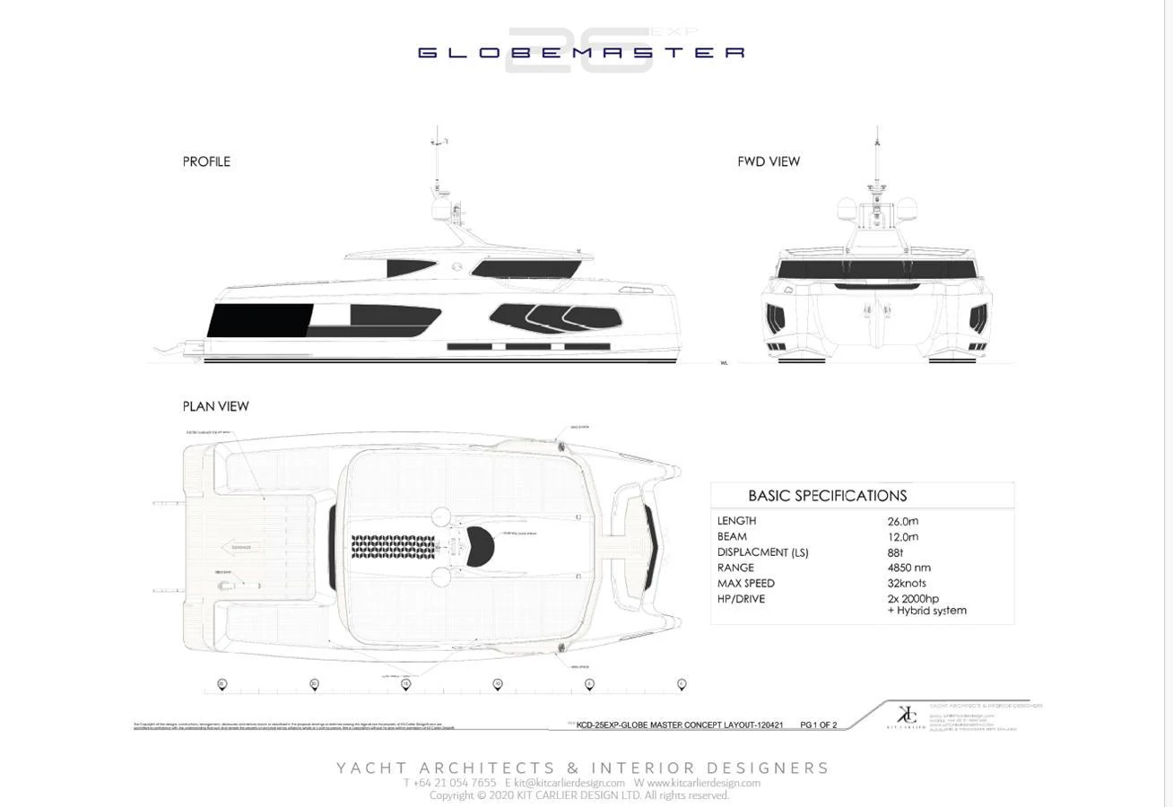 A detailed blueprint showcasing the profile, plan, and end views of a yacht, along with its basic specifications. aboard MAZARIN - GLOBEMASTER Yacht for Sale