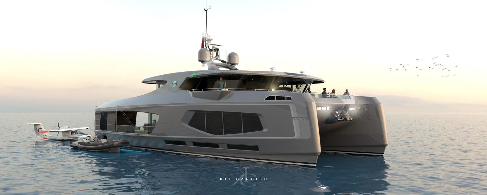 A sleek, modern yacht with a spacious deck and elegant design, anchored on calm waters at sunset. aboard MAZARIN - GLOBEMASTER Yacht for Sale