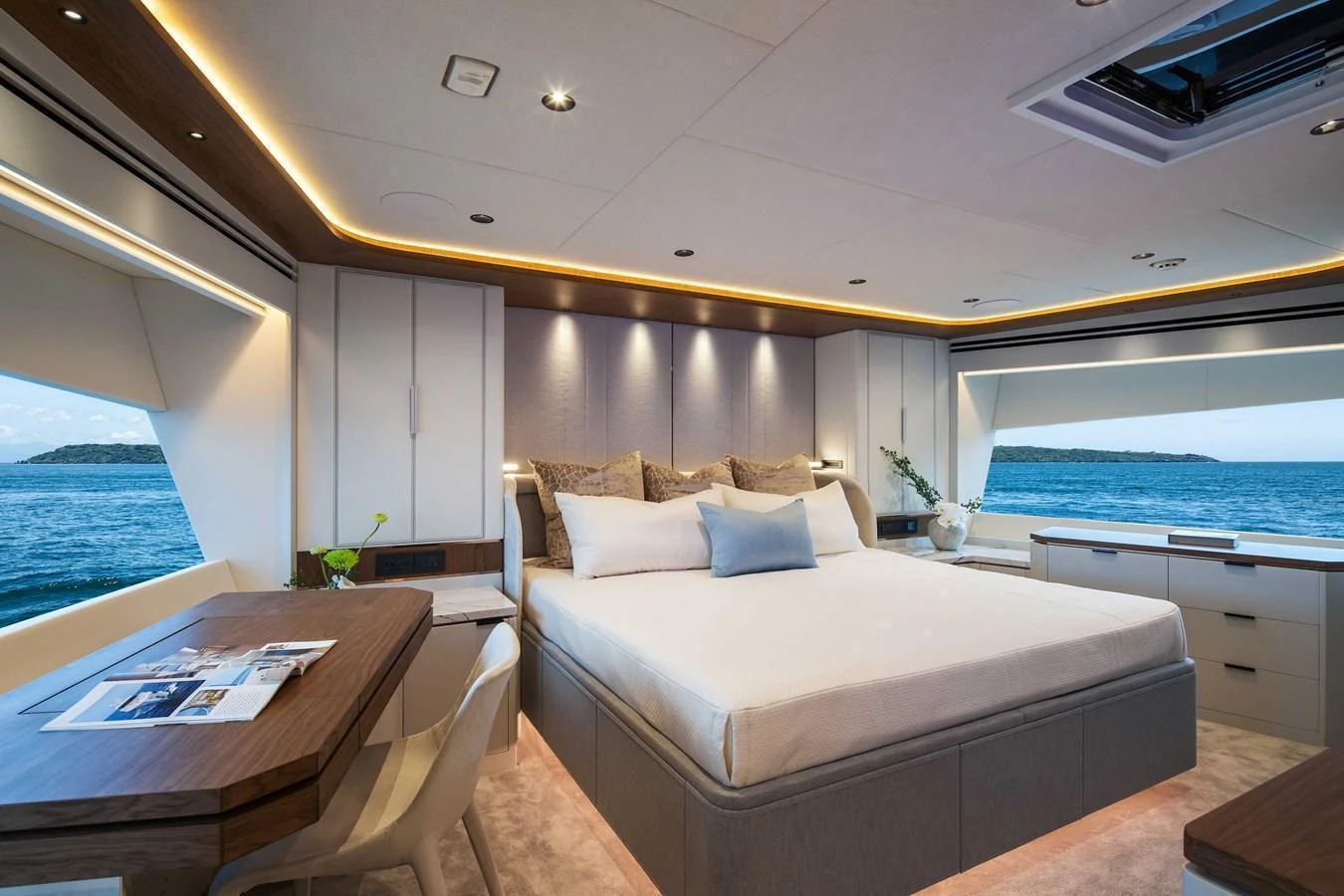 The master stateroom offers a luxurious and spacious retreat with panoramic ocean views. aboard HORIZON FD80-617 / COMING FALL 2025 Yacht for Sale