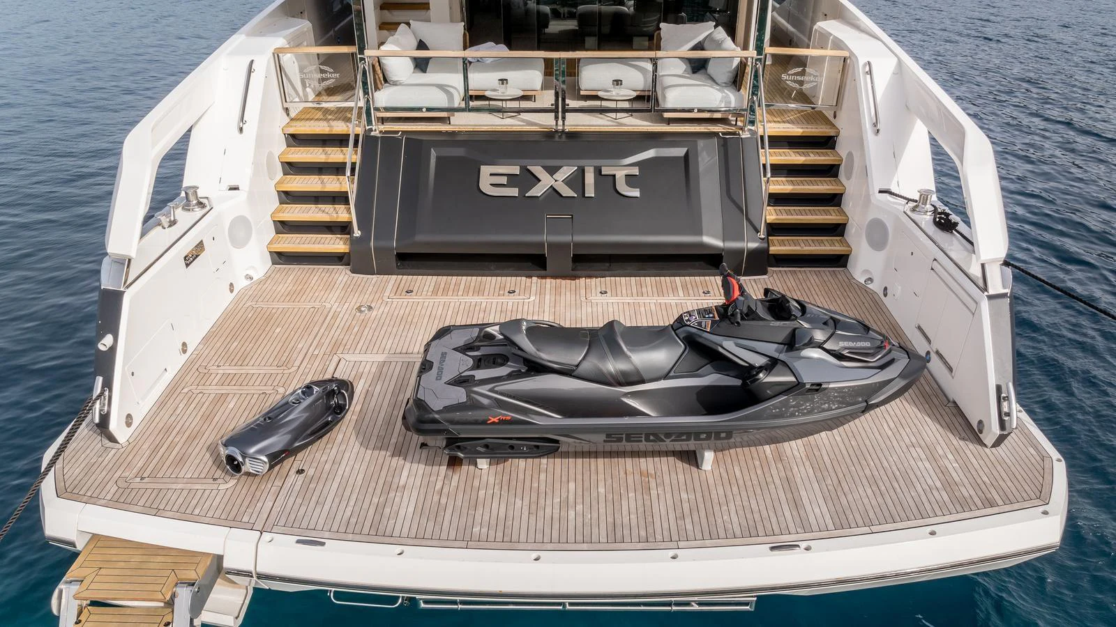 a boat with a hood open aboard EXIT Yacht for Sale