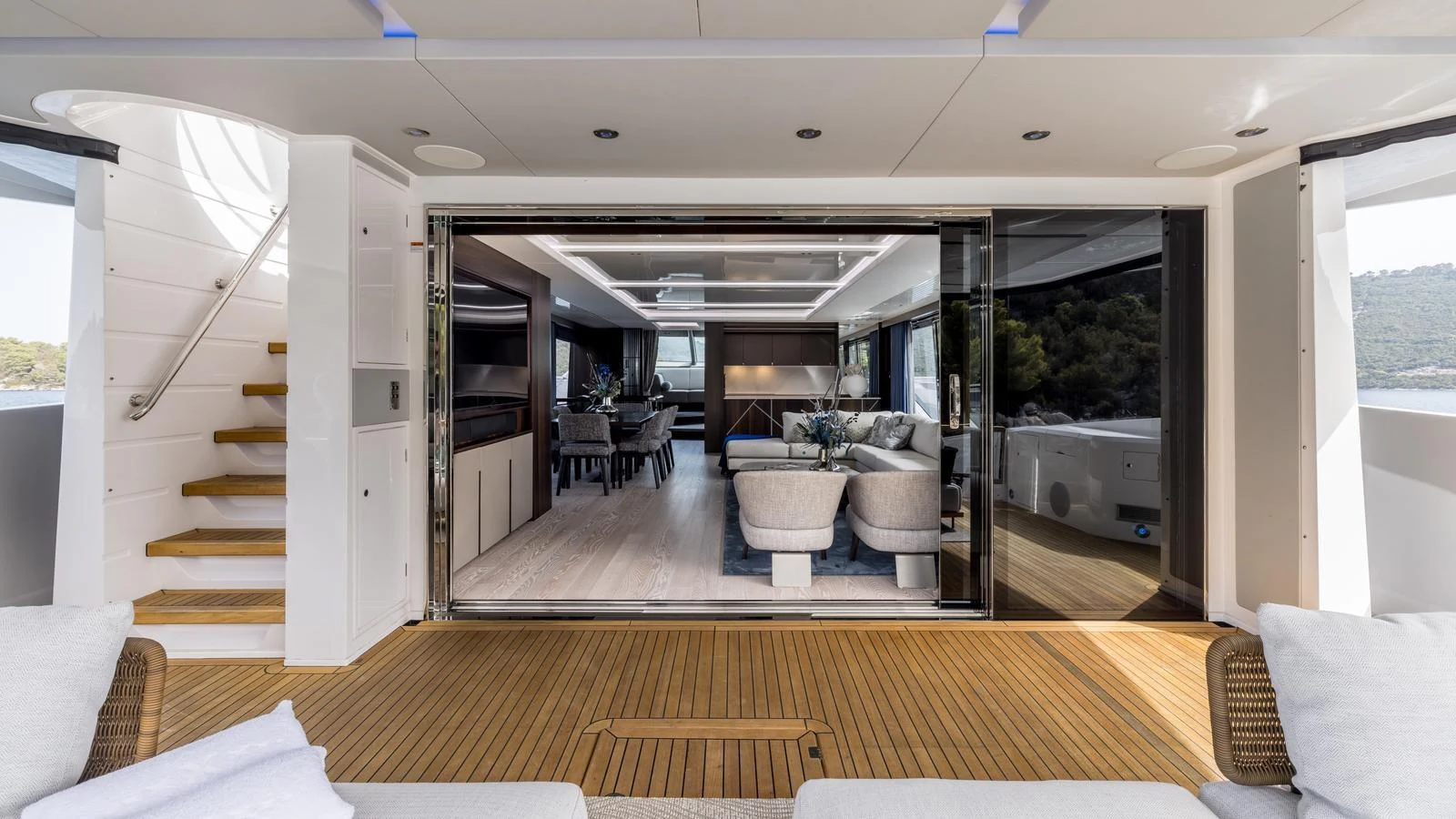a modern looking living room aboard EXIT Yacht for Sale