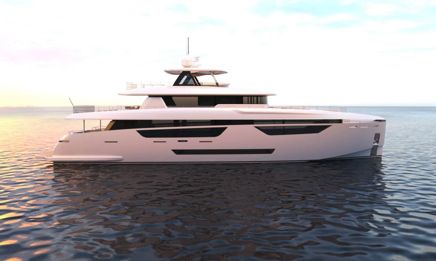 A sleek and modern yacht glides gracefully on calm waters at sunset. aboard JOHNSON 115 SKYLOUNGE W/FB Yacht for Sale