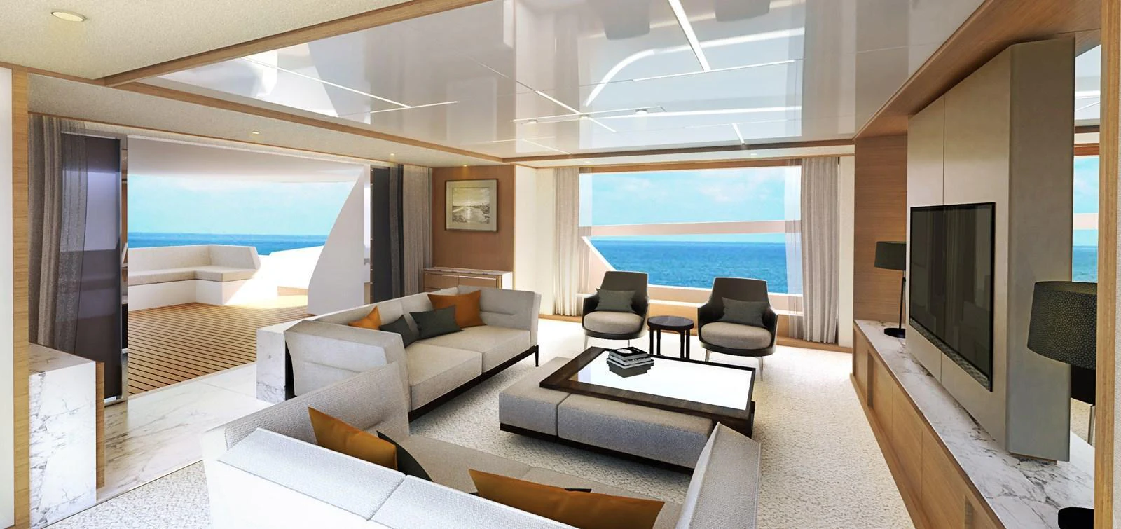 The spacious salon features modern furnishings and large windows with stunning ocean views. aboard JOHNSON 115 SKYLOUNGE W/FB Yacht for Sale