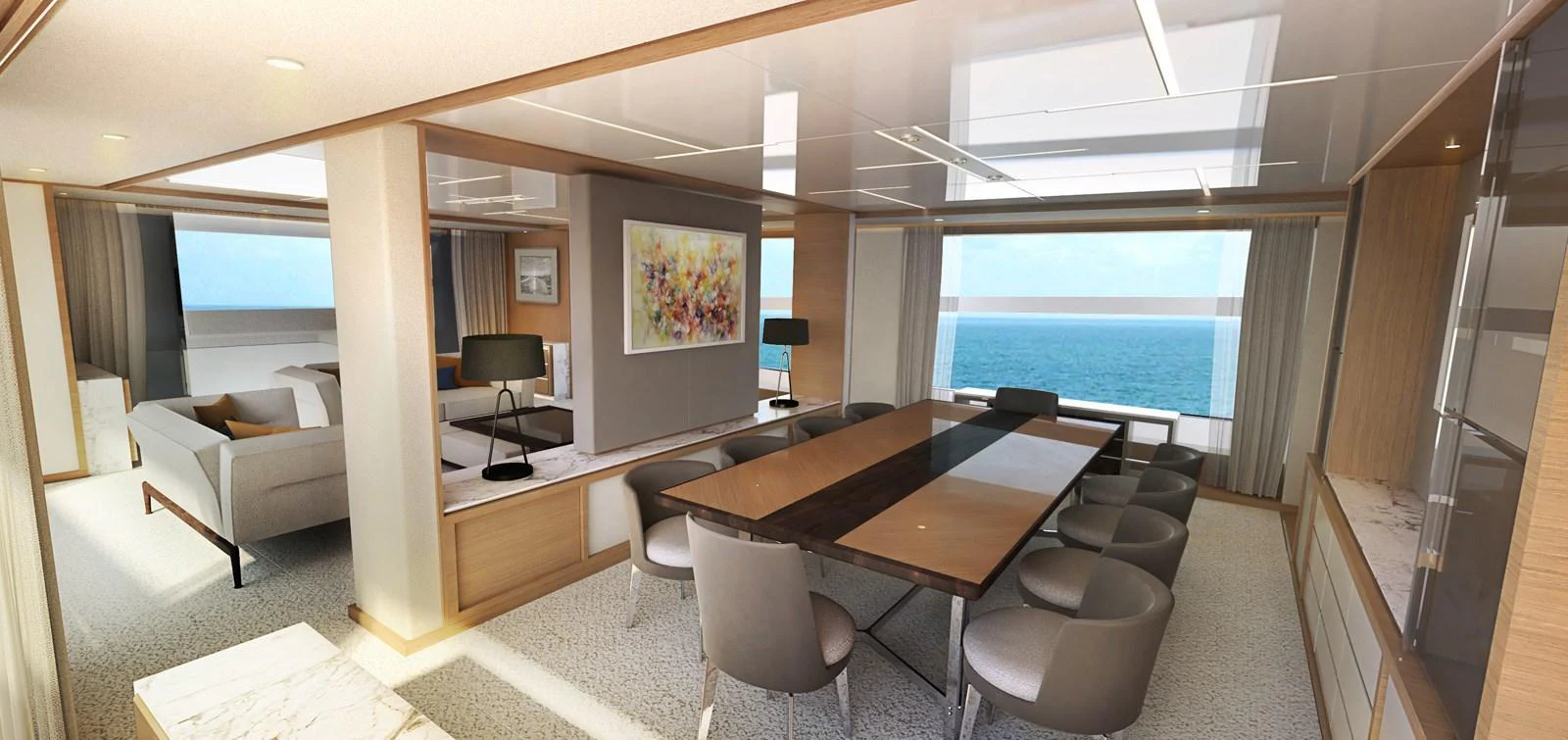 The yacht's dining area features a large table with comfortable seating and expansive ocean views. aboard JOHNSON 115 SKYLOUNGE W/FB Yacht for Sale