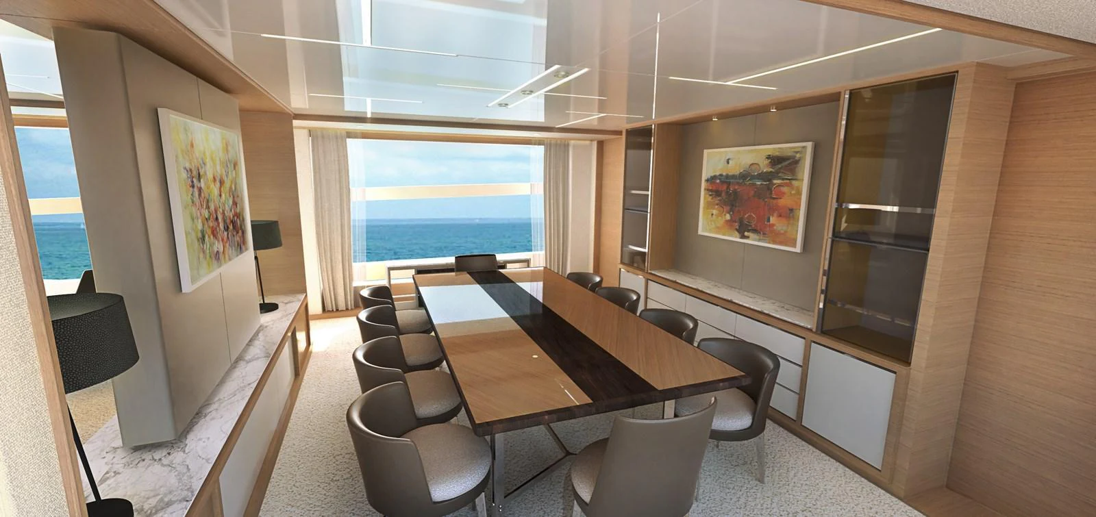 The yacht's dining area features a long table with ample seating and large windows offering stunning ocean views. aboard JOHNSON 115 SKYLOUNGE W/FB Yacht for Sale