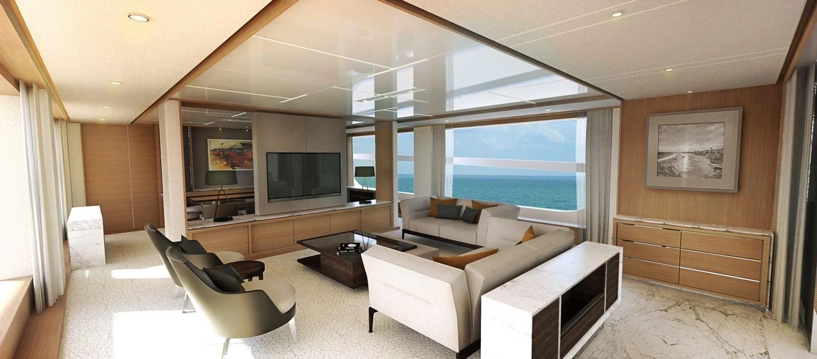 The salon offers a luxurious and spacious seating area with panoramic ocean views. aboard JOHNSON 115 SKYLOUNGE W/FB Yacht for Sale