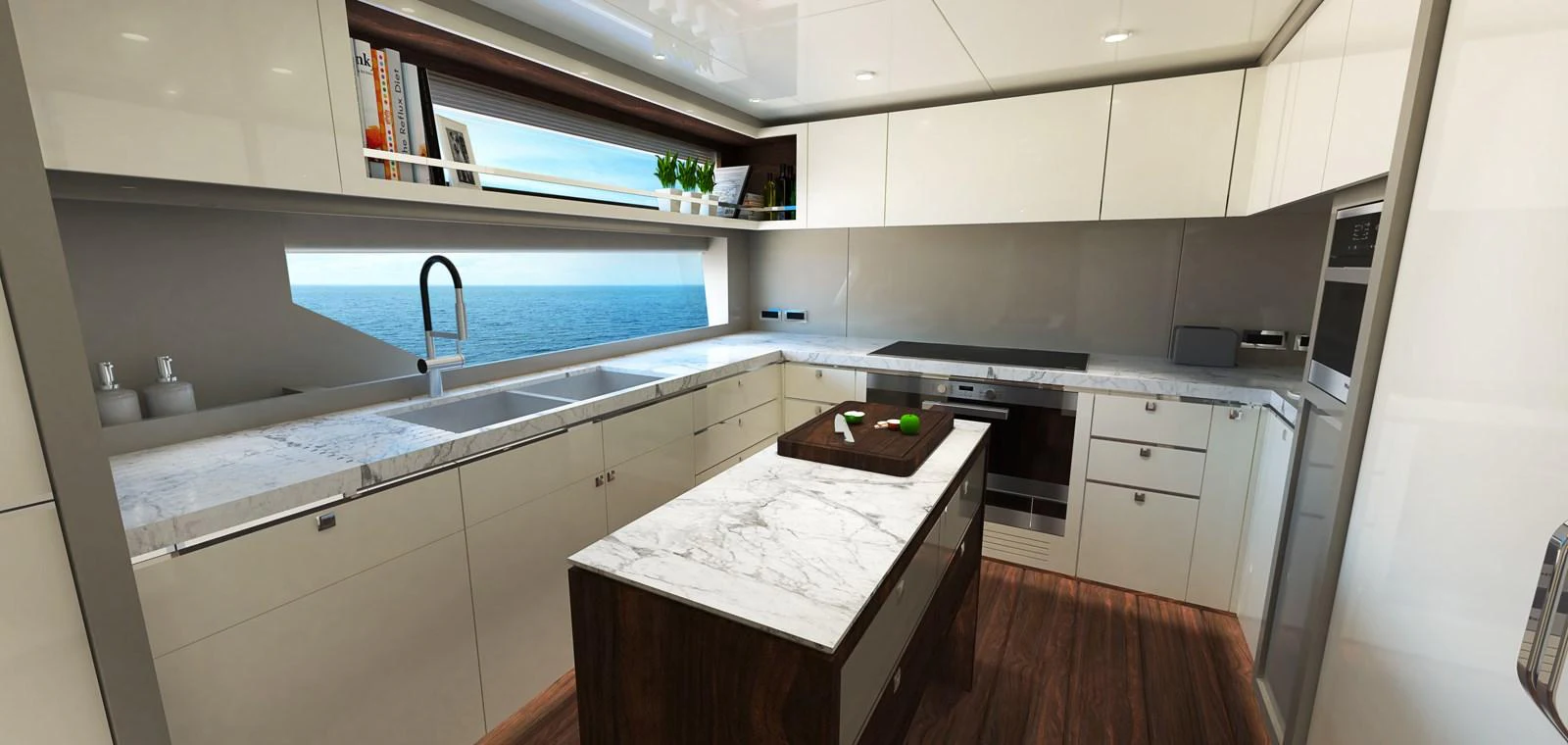 The galley features modern appliances, sleek cabinetry, and a large window with an ocean view. aboard JOHNSON 115 SKYLOUNGE W/FB Yacht for Sale