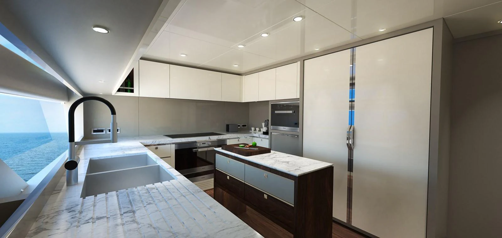The yacht's galley features modern appliances and sleek countertops with a view of the sea. aboard JOHNSON 115 SKYLOUNGE W/FB Yacht for Sale