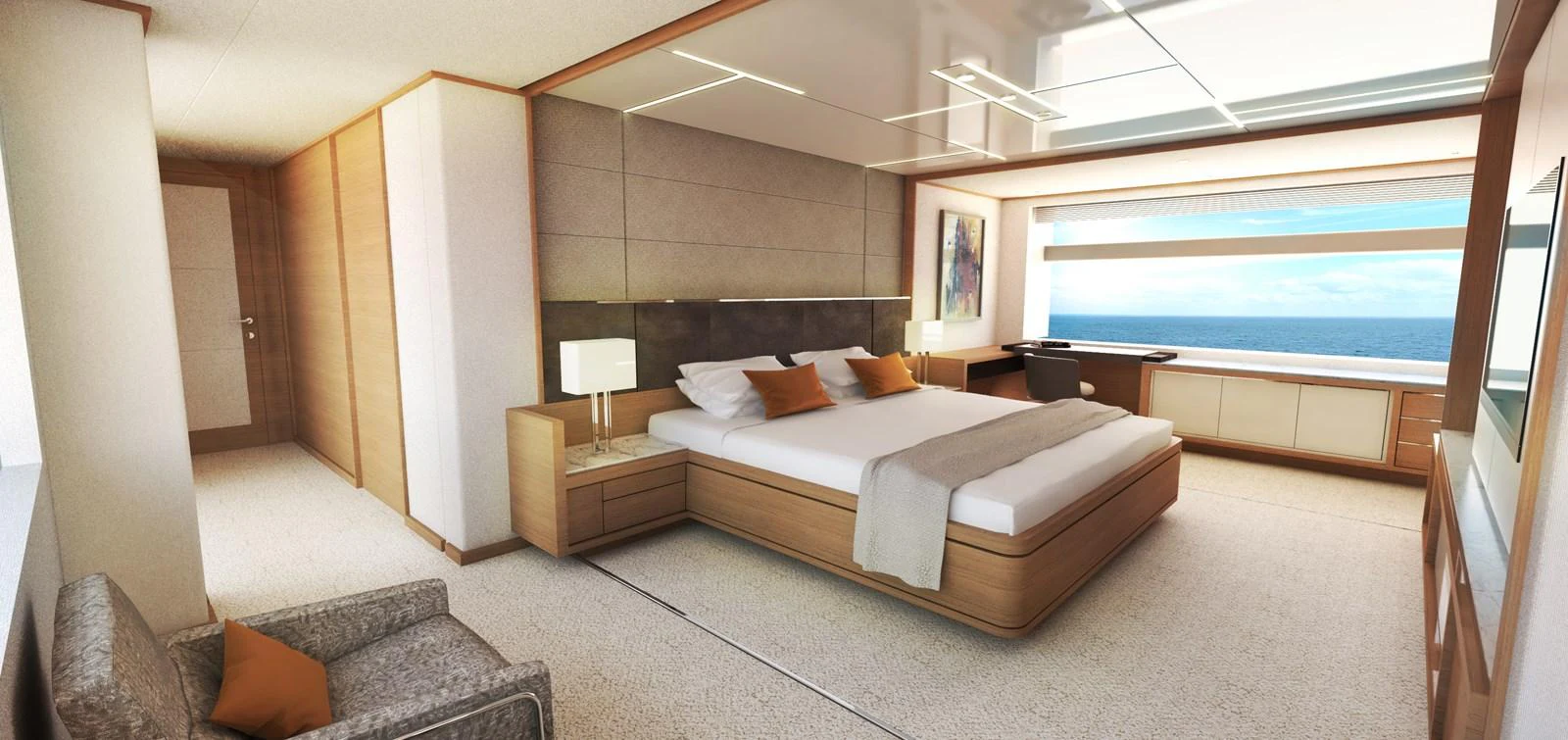 The master stateroom offers a luxurious and spacious retreat with stunning ocean views. aboard JOHNSON 115 SKYLOUNGE W/FB Yacht for Sale