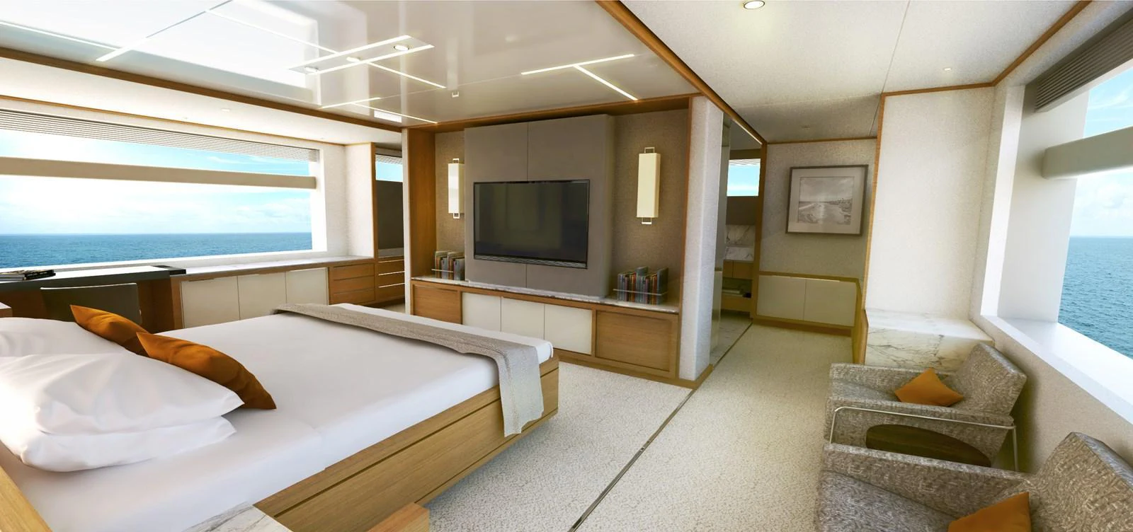The master stateroom features a spacious layout with panoramic ocean views. aboard JOHNSON 115 SKYLOUNGE W/FB Yacht for Sale