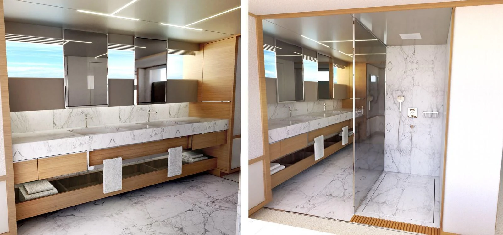 The yacht's bathroom features a sleek, modern design with marble surfaces and ample storage. aboard JOHNSON 115 SKYLOUNGE W/FB Yacht for Sale