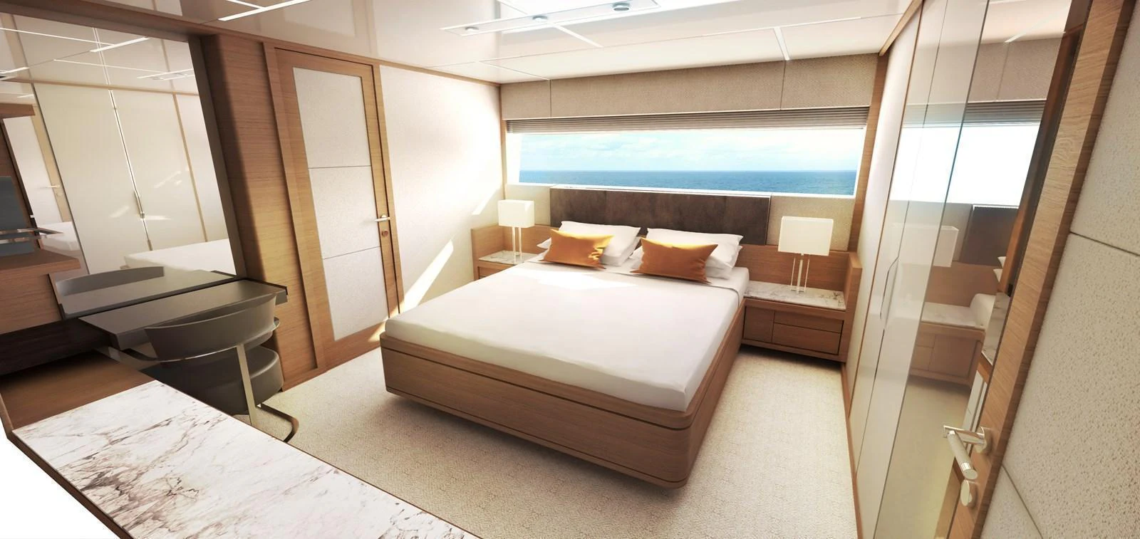 The stateroom features a luxurious bed with a scenic ocean view through a large window. aboard JOHNSON 115 SKYLOUNGE W/FB Yacht for Sale