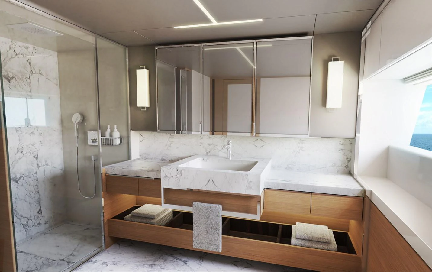 A luxurious yacht bathroom featuring a spacious shower and elegant marble finishes. aboard JOHNSON 115 SKYLOUNGE W/FB Yacht for Sale
