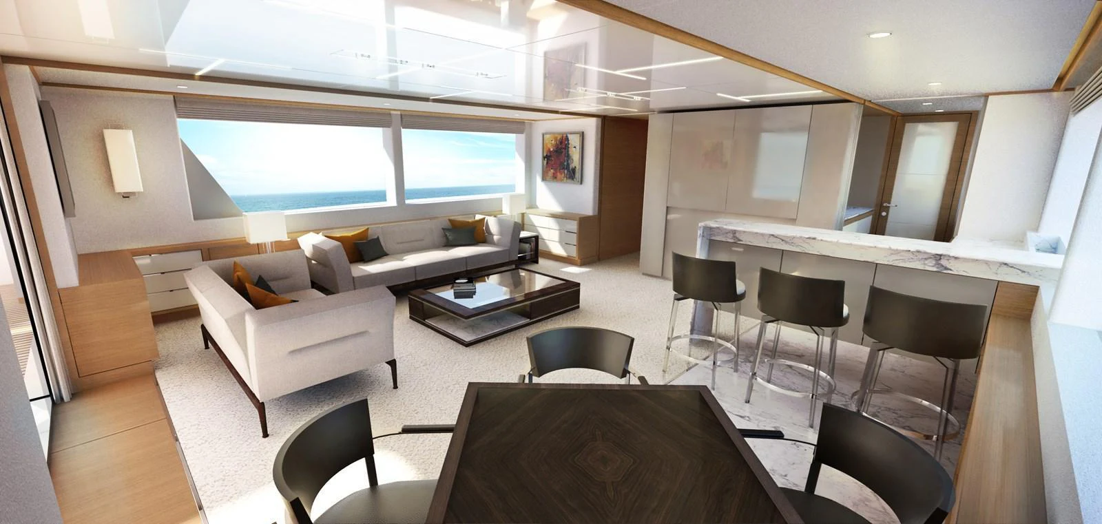 The salon features a spacious and modern design with ample seating and a sleek bar area. aboard JOHNSON 115 SKYLOUNGE W/FB Yacht for Sale