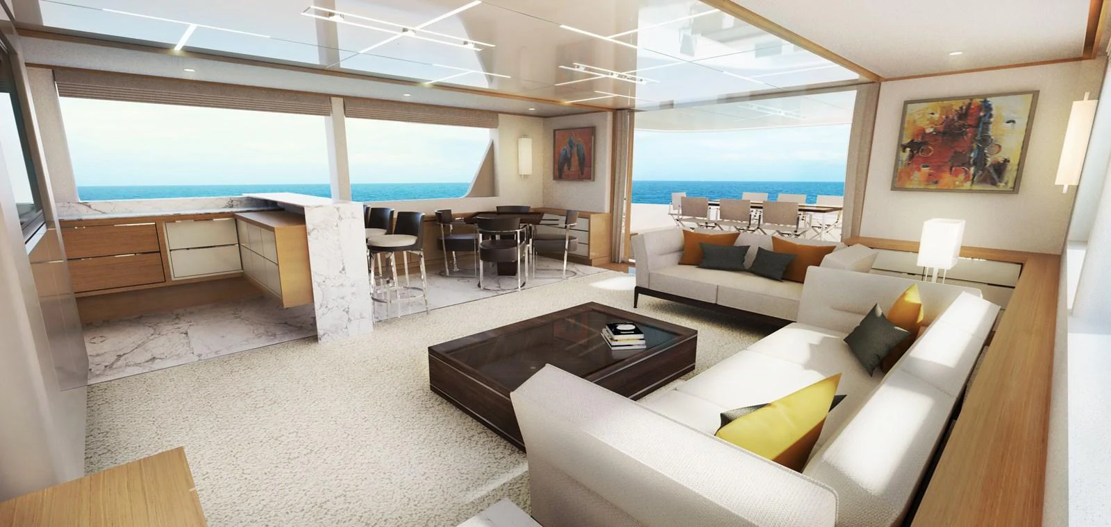 The spacious salon features modern furnishings and expansive ocean views. aboard JOHNSON 115 SKYLOUNGE W/FB Yacht for Sale