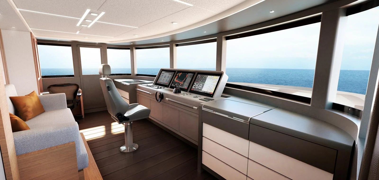 The helm station offers a panoramic view with state-of-the-art navigation equipment and comfortable seating. aboard JOHNSON 115 SKYLOUNGE W/FB Yacht for Sale
