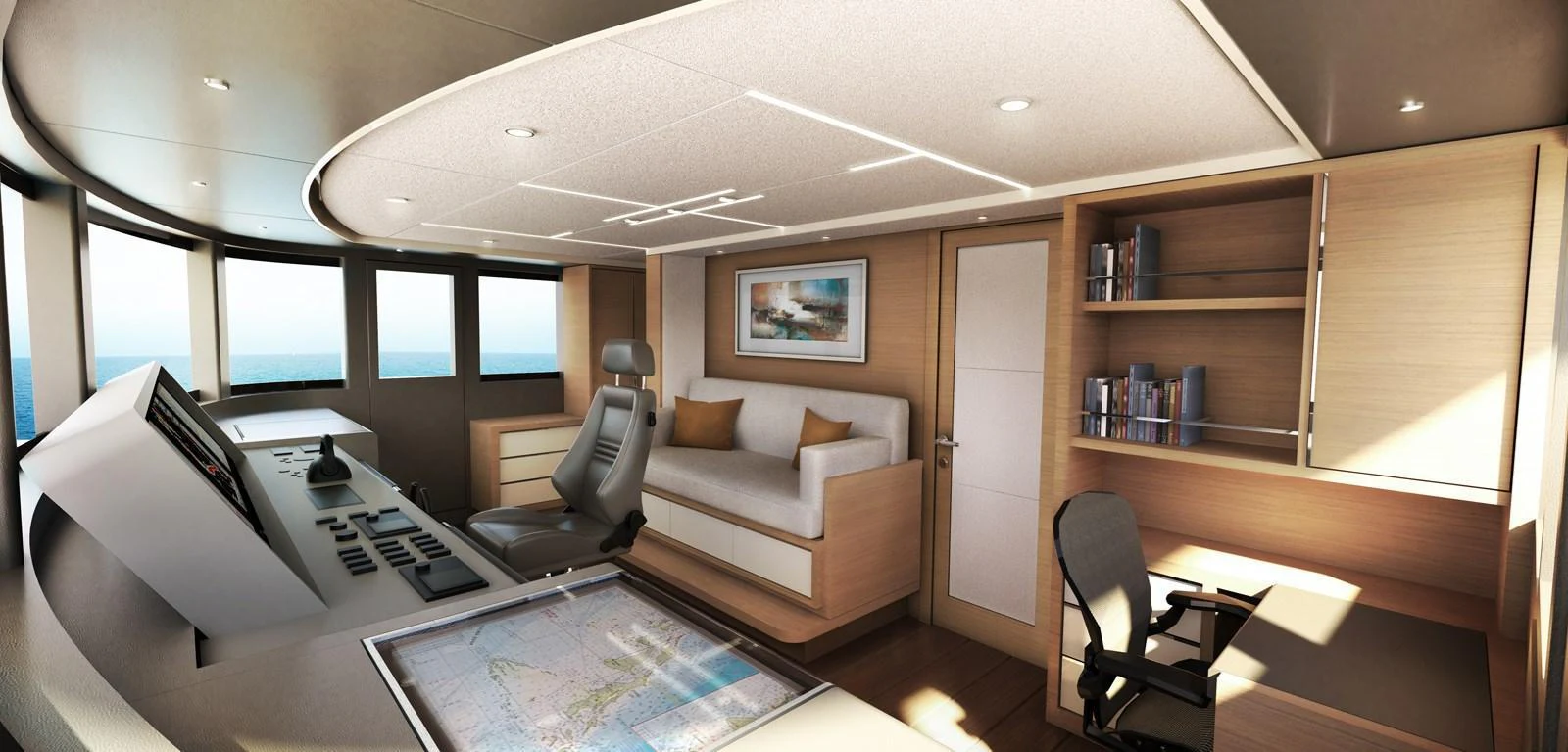 The helm station features a modern control panel, comfortable seating, and ample natural light. aboard JOHNSON 115 SKYLOUNGE W/FB Yacht for Sale