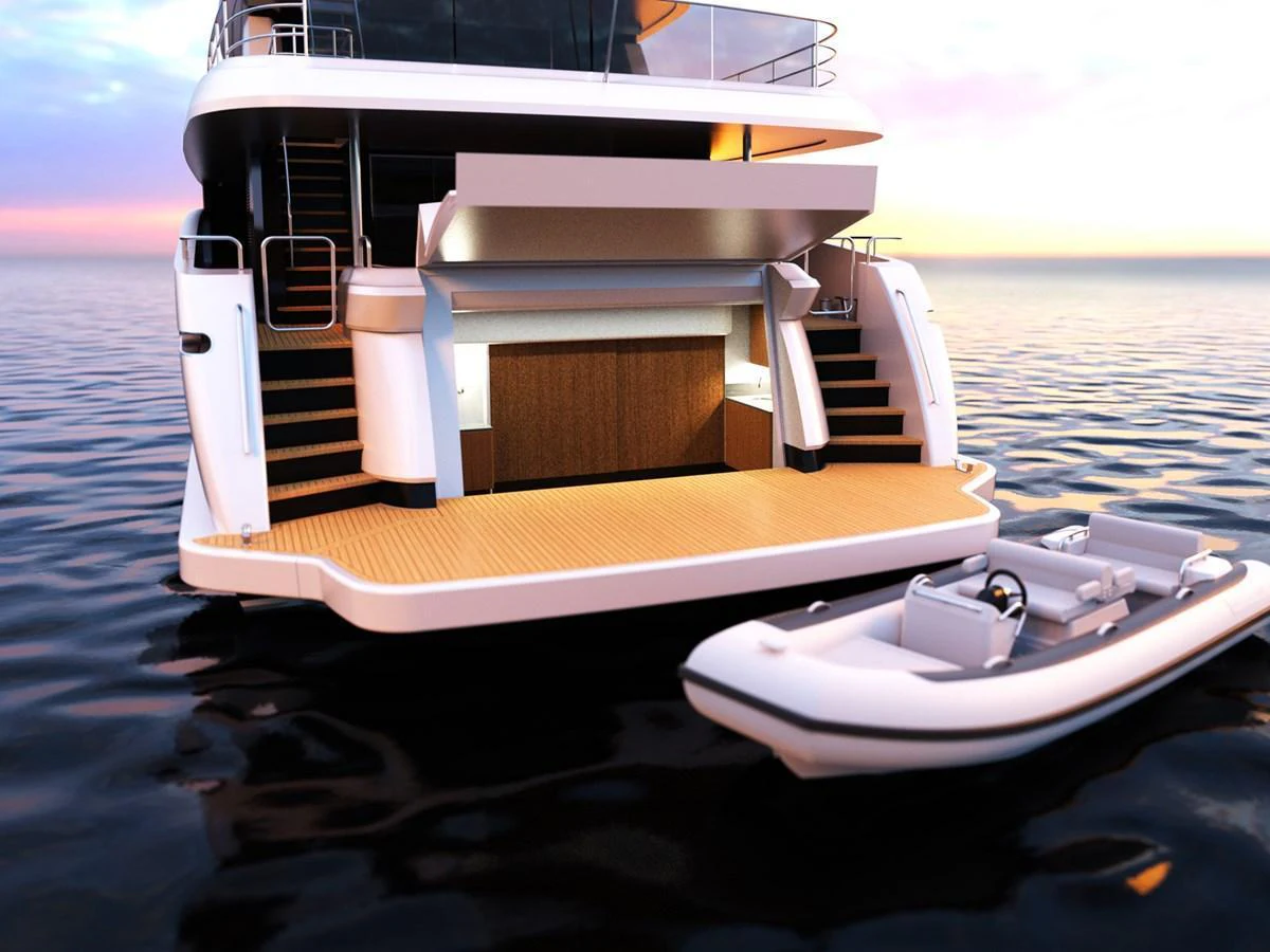 The yacht's aft deck features a spacious swim platform and a tender, perfect for water activities. aboard JOHNSON 115 SKYLOUNGE W/FB Yacht for Sale