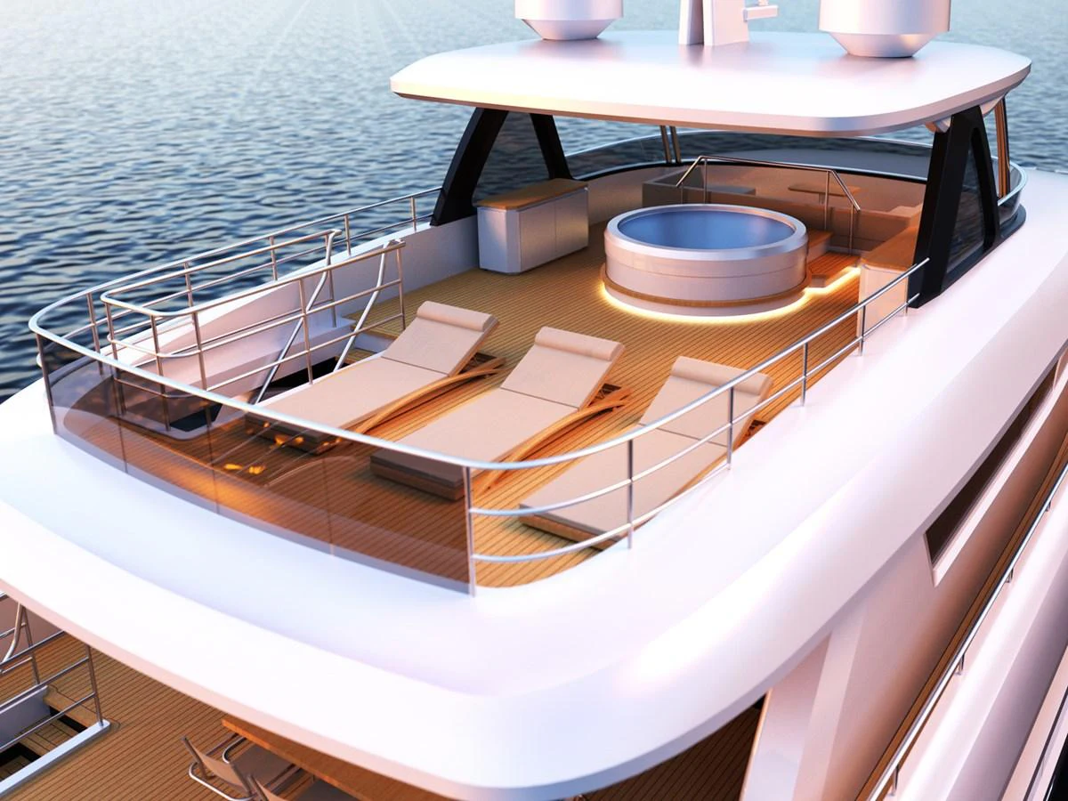 The sundeck features luxurious lounge chairs and a jacuzzi, perfect for relaxation. aboard JOHNSON 115 SKYLOUNGE W/FB Yacht for Sale