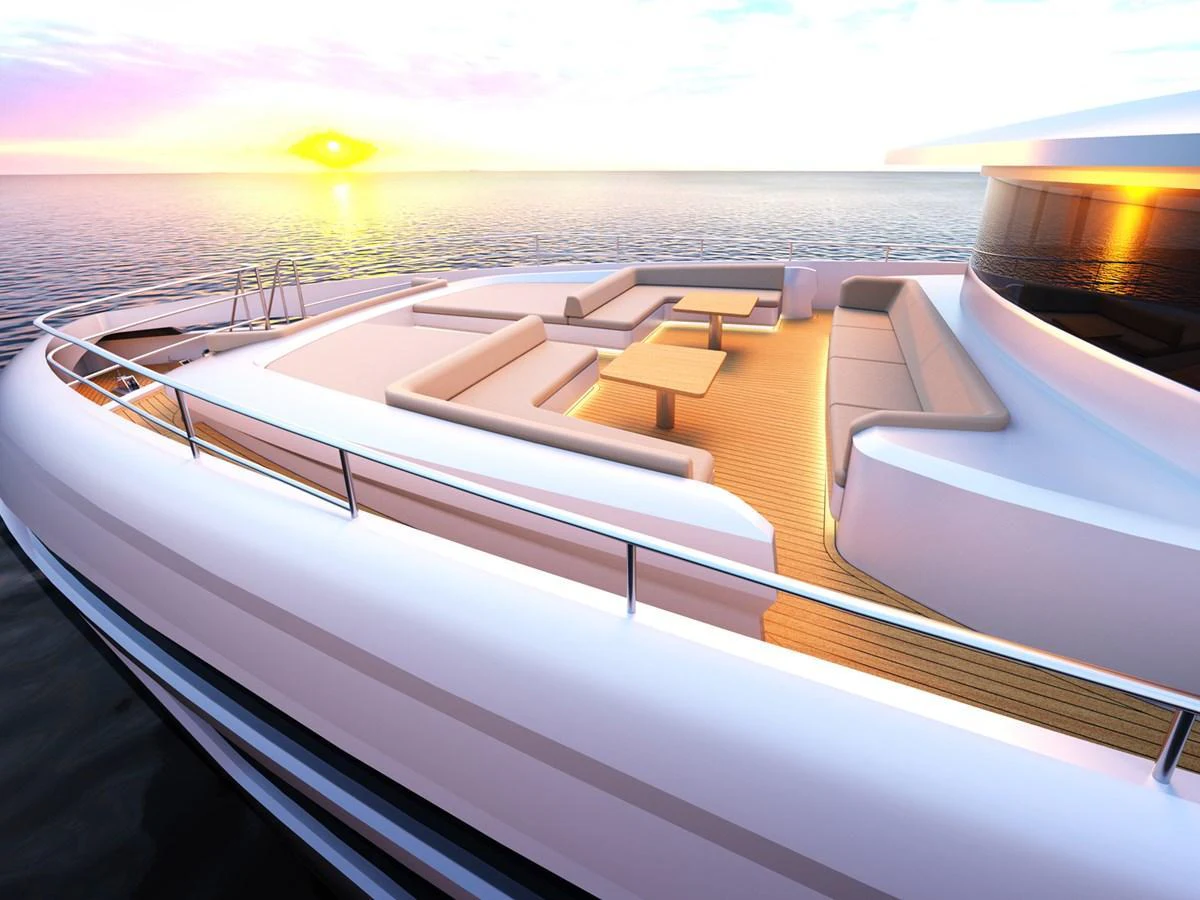 The yacht's foredeck features a spacious seating area with elegant wooden tables, perfect for enjoying the sunset. aboard JOHNSON 115 SKYLOUNGE W/FB Yacht for Sale