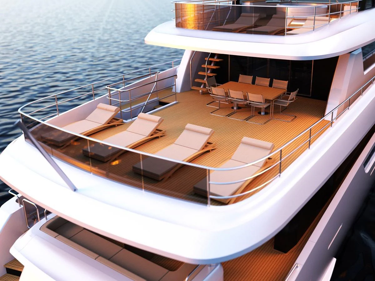 The sundeck features ample lounging space with sunbeds and a dining area, perfect for relaxation and entertainment. aboard JOHNSON 115 SKYLOUNGE W/FB Yacht for Sale