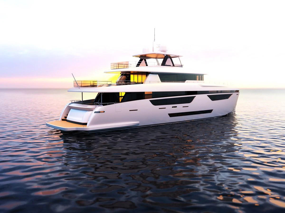 A sleek and modern yacht glides gracefully on calm waters at sunset. aboard JOHNSON 115 SKYLOUNGE W/FB Yacht for Sale