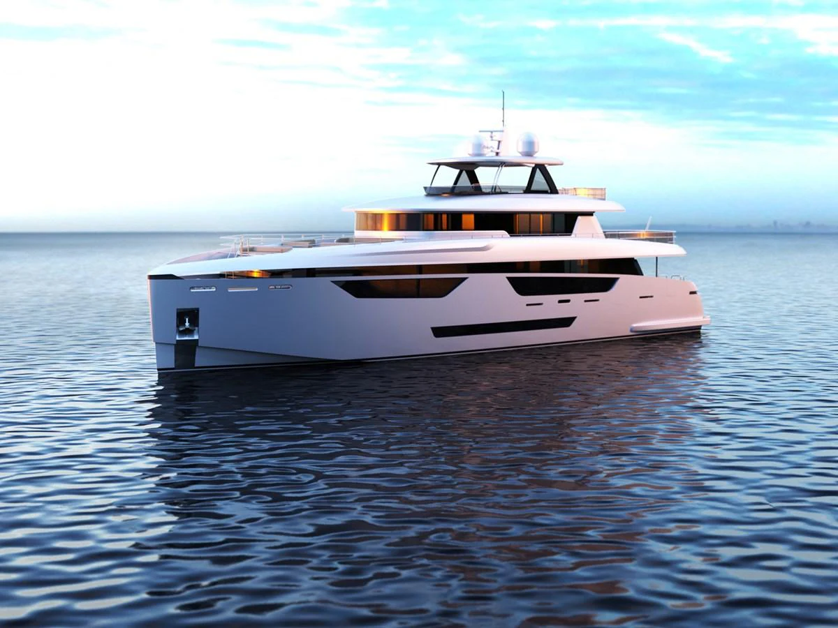 A sleek and modern yacht glides gracefully on calm waters under a serene sky. aboard JOHNSON 115 SKYLOUNGE W/FB Yacht for Sale