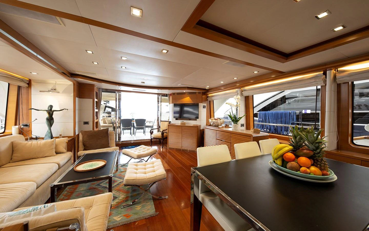 The spacious salon features elegant furnishings and ample natural light, creating a welcoming atmosphere. aboard SOFIA OF TORTOLA Yacht for Sale