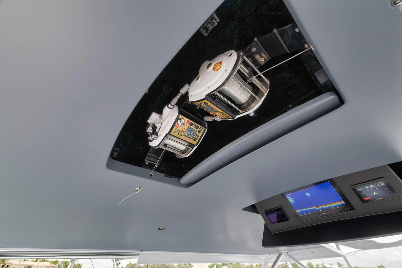 A close-up view of the yacht's ceiling-mounted equipment and control panel. aboard LADY SURFBUM Yacht for Sale