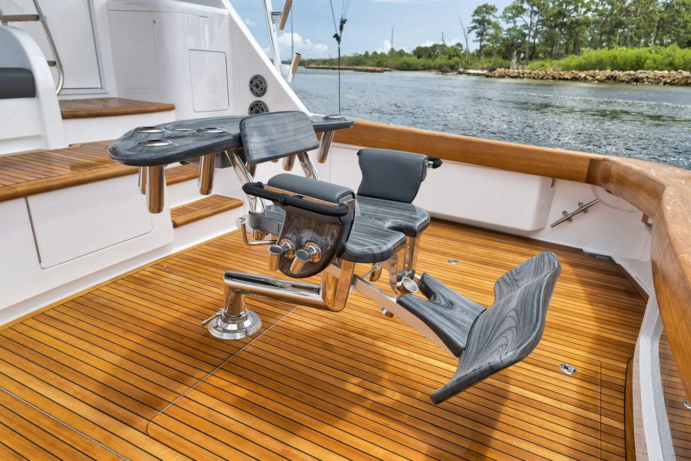 The yacht features a well-equipped fishing deck with comfortable seating and high-quality fishing gear. aboard LADY SURFBUM Yacht for Sale