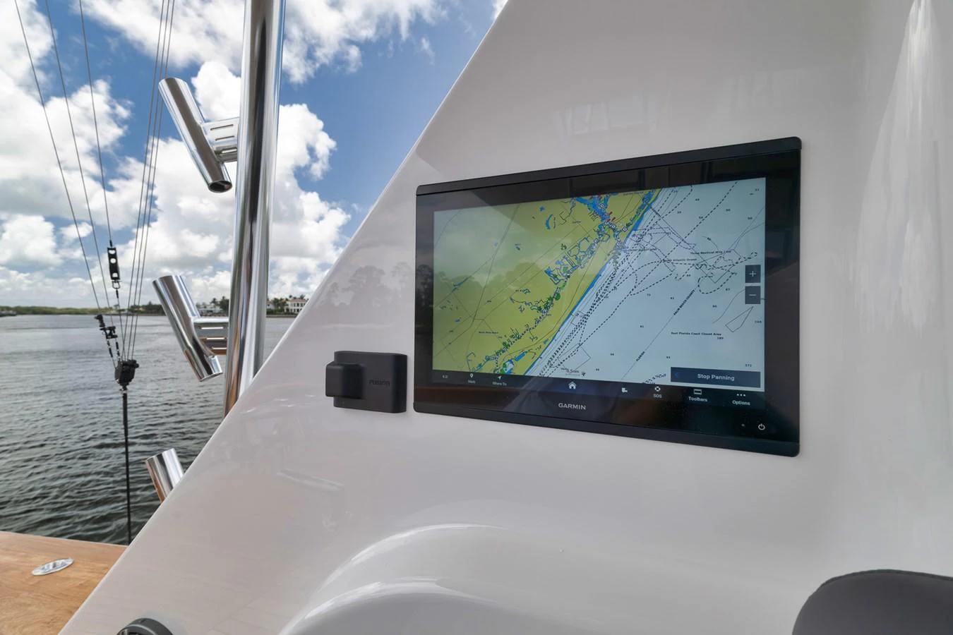 A close-up view of a navigation screen on the yacht, displaying a detailed map. aboard LADY SURFBUM Yacht for Sale