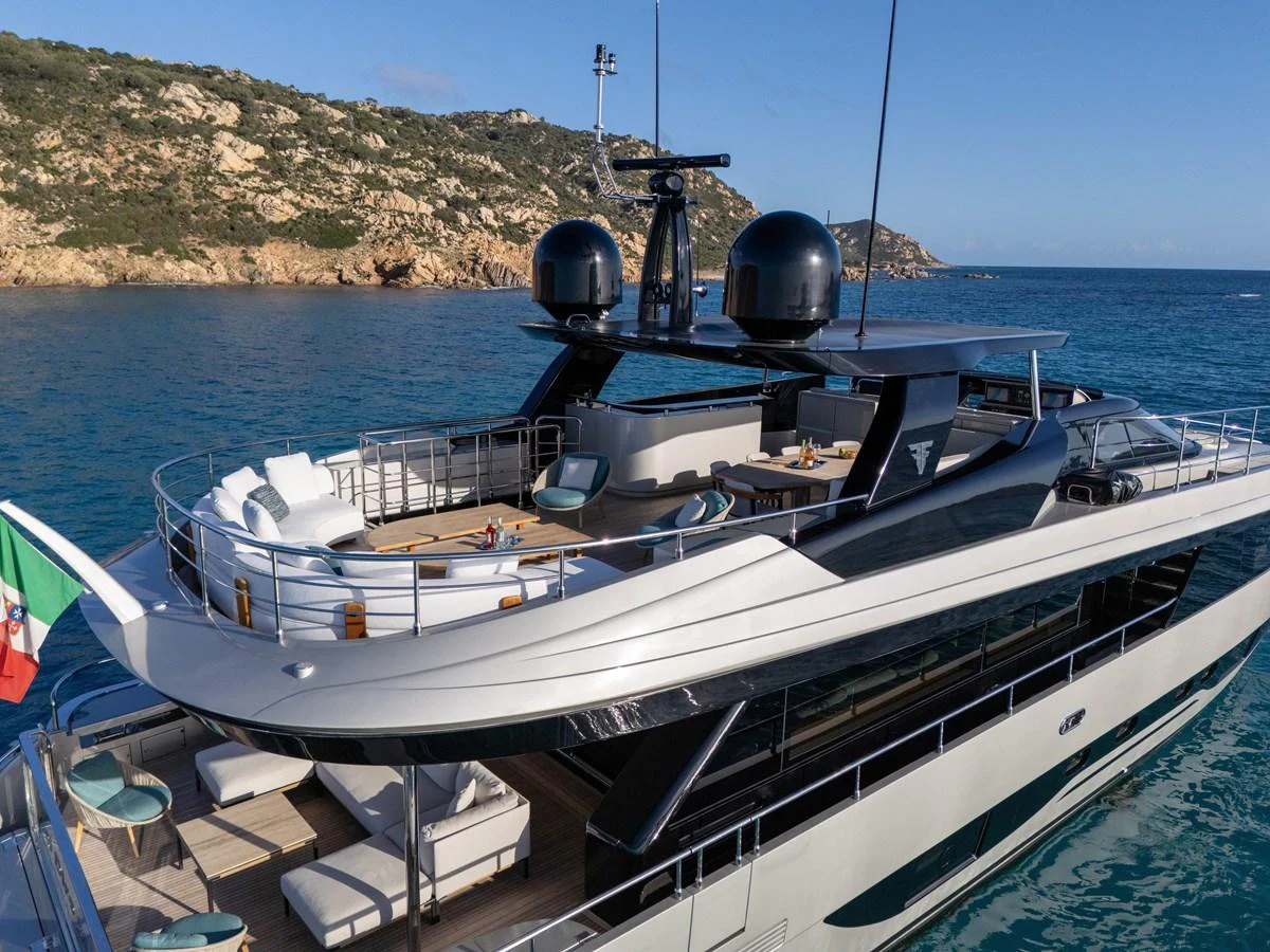 This sleek yacht features a spacious flybridge with ample seating and stunning views of the surrounding waters. aboard FILIPPETTI F100-03 Yacht for Sale