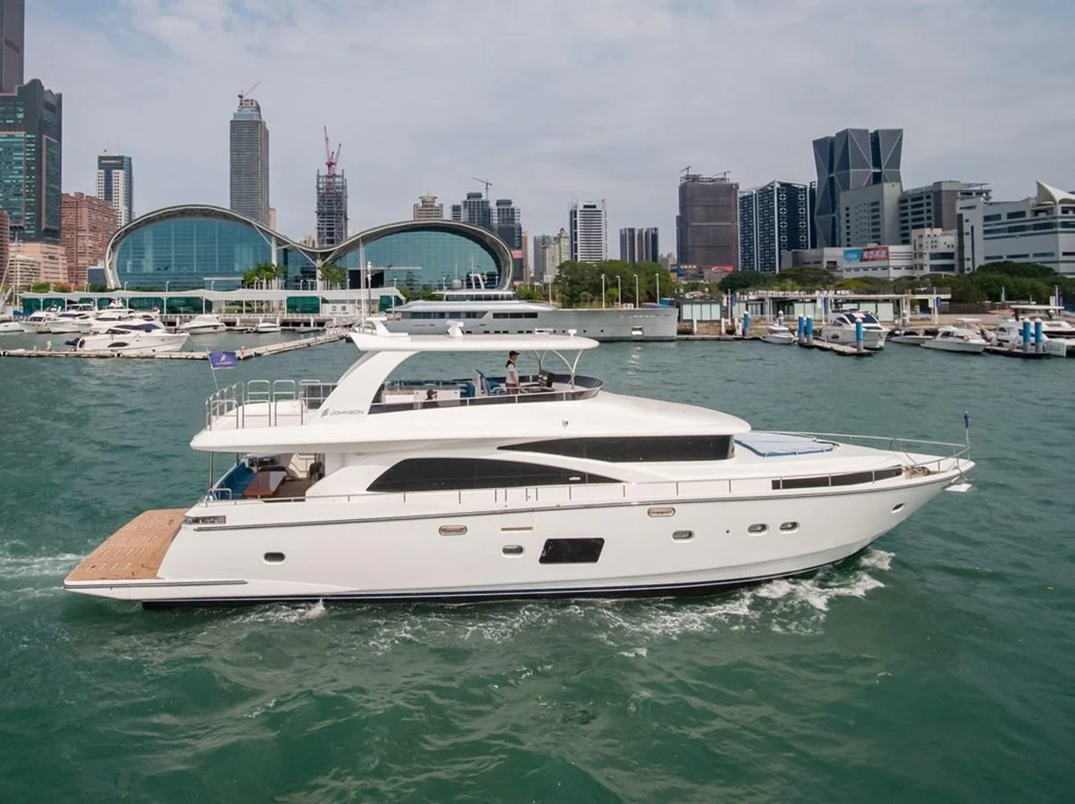 Watch Video for JOHNSON 83' FLYBRIDGE W/HYDRAULIC PLATFORM Yacht for Sale