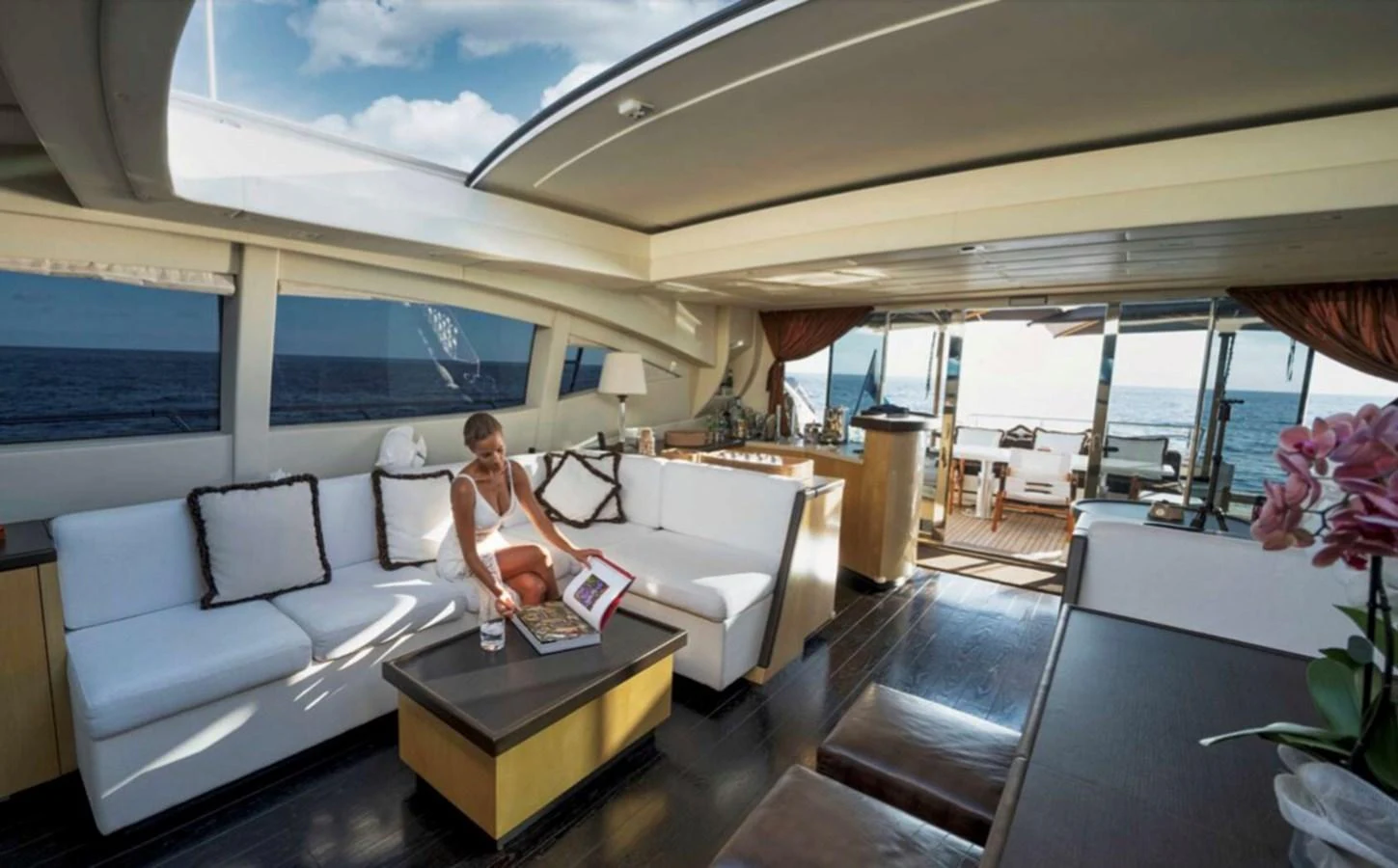 a person sitting on a couch aboard MANU Yacht for Sale