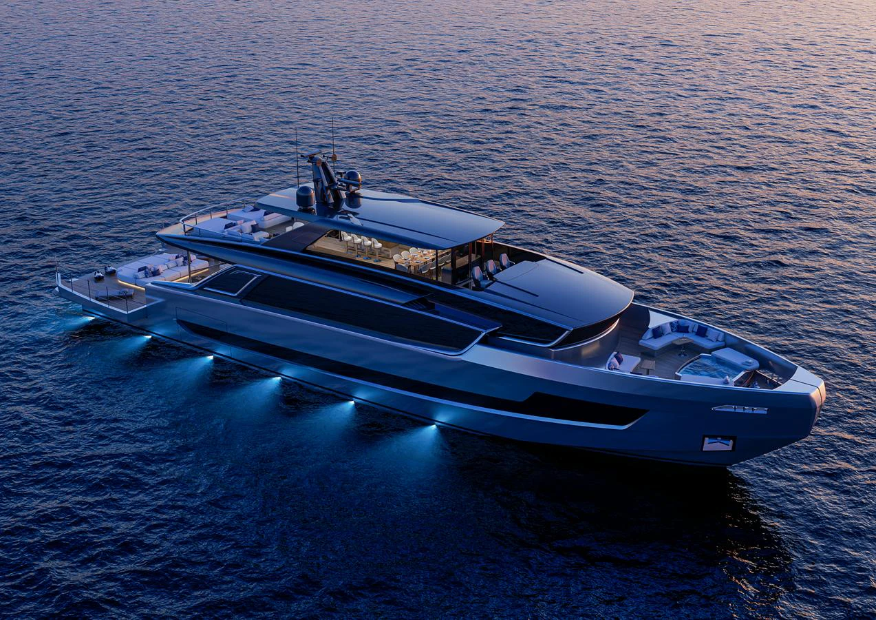 A sleek and modern yacht is illuminated by underwater lights as it cruises on calm waters at dusk. aboard ISA VIPER 130 Yacht for Sale