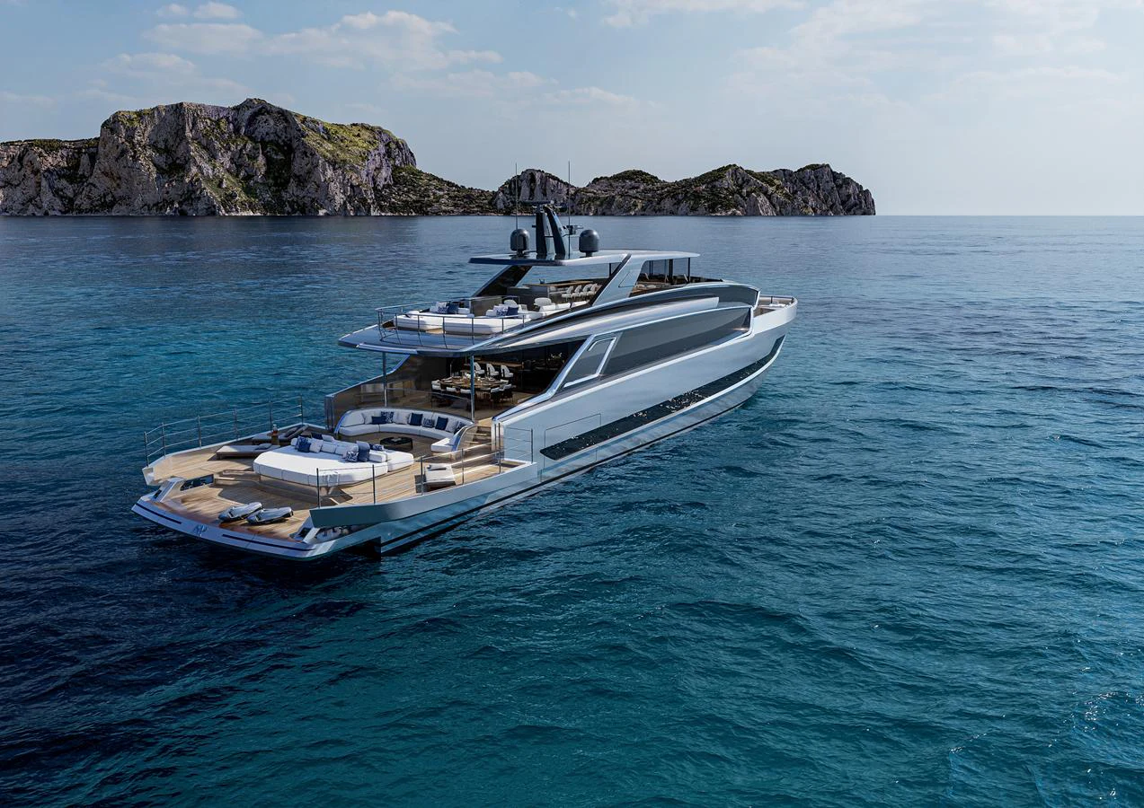 A sleek and modern yacht cruising in serene blue waters with a rocky island in the background. aboard ISA VIPER 130 Yacht for Sale