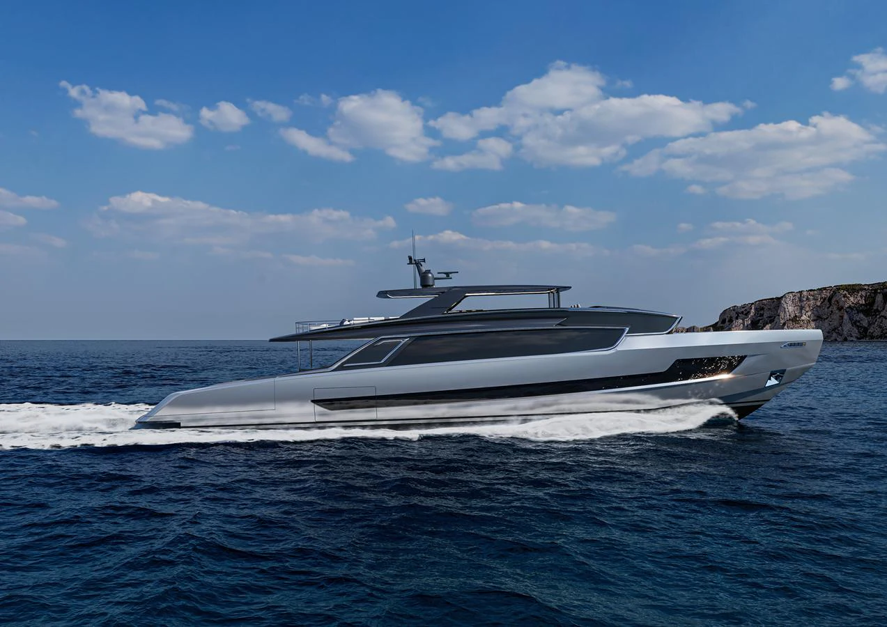 A sleek and modern yacht cruising on the open sea under a clear blue sky. aboard ISA VIPER 130 Yacht for Sale