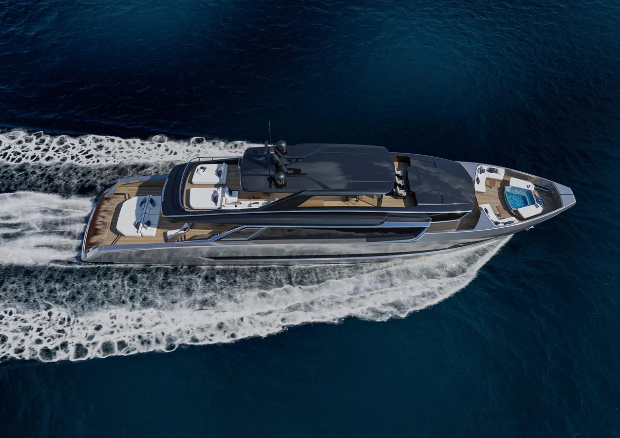 A sleek and modern yacht cruising through the deep blue sea, showcasing its luxurious design and spacious decks. aboard ISA VIPER 130 Yacht for Sale