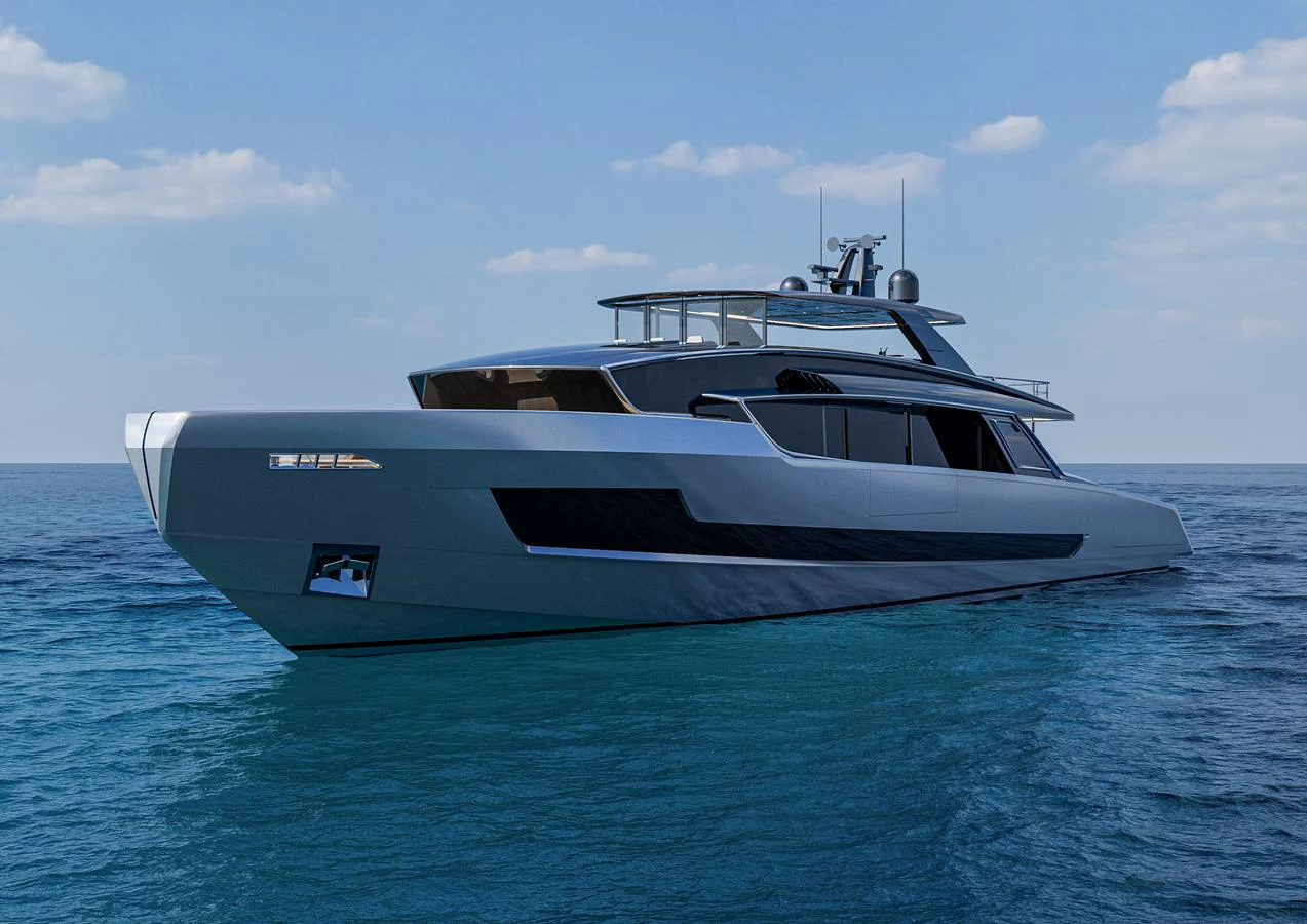 A sleek, modern yacht glides through calm blue waters under a clear sky. aboard ISA VIPER 130 Yacht for Sale