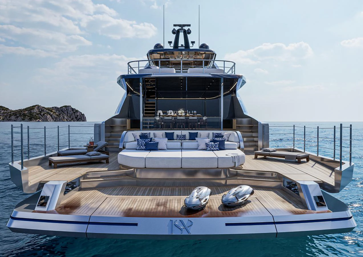 The yacht's aft deck features luxurious seating and water toys, perfect for relaxation and entertainment. aboard ISA VIPER 130 Yacht for Sale