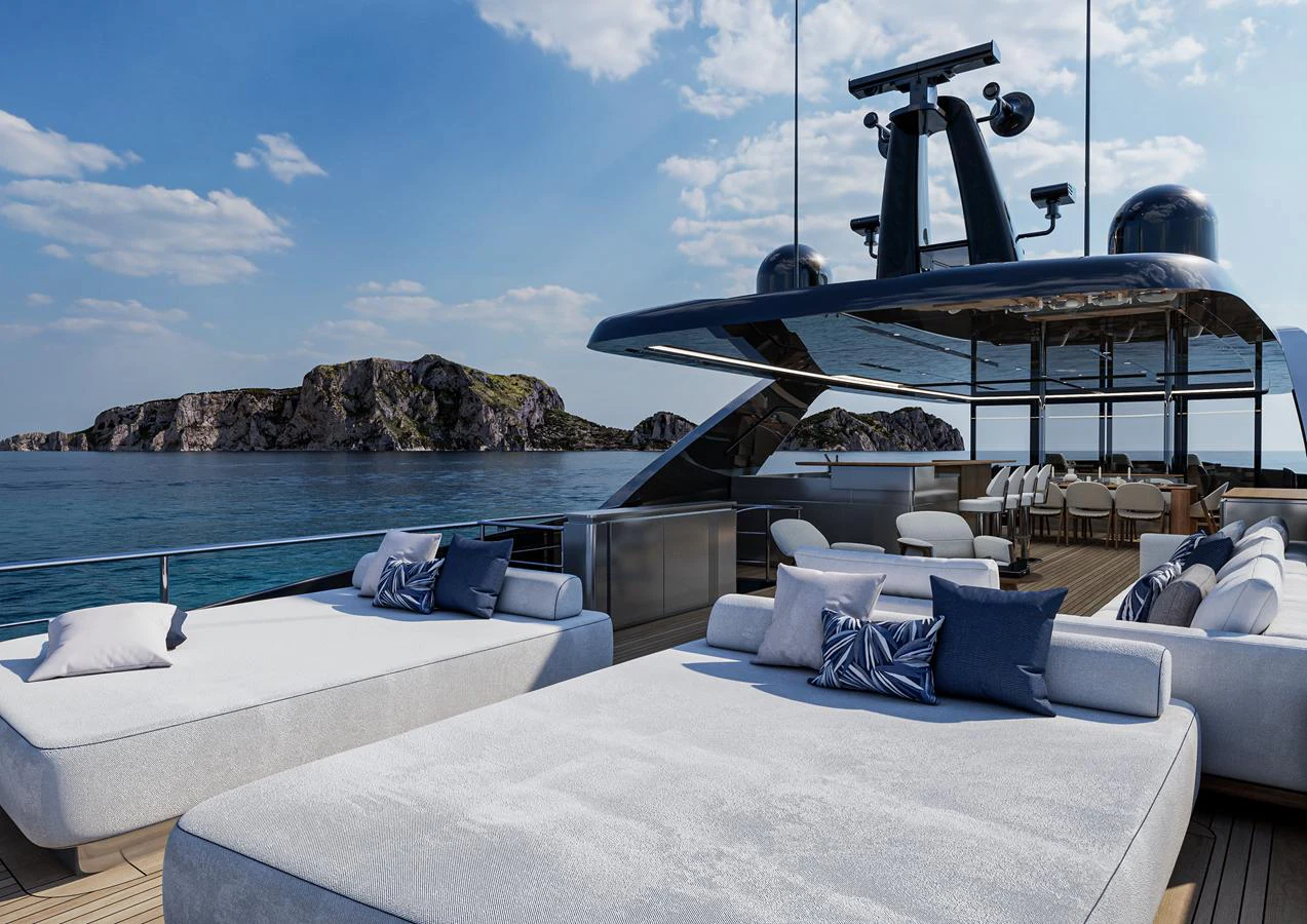 The sundeck offers luxurious lounging areas with plush seating and stunning ocean views. aboard ISA VIPER 130 Yacht for Sale