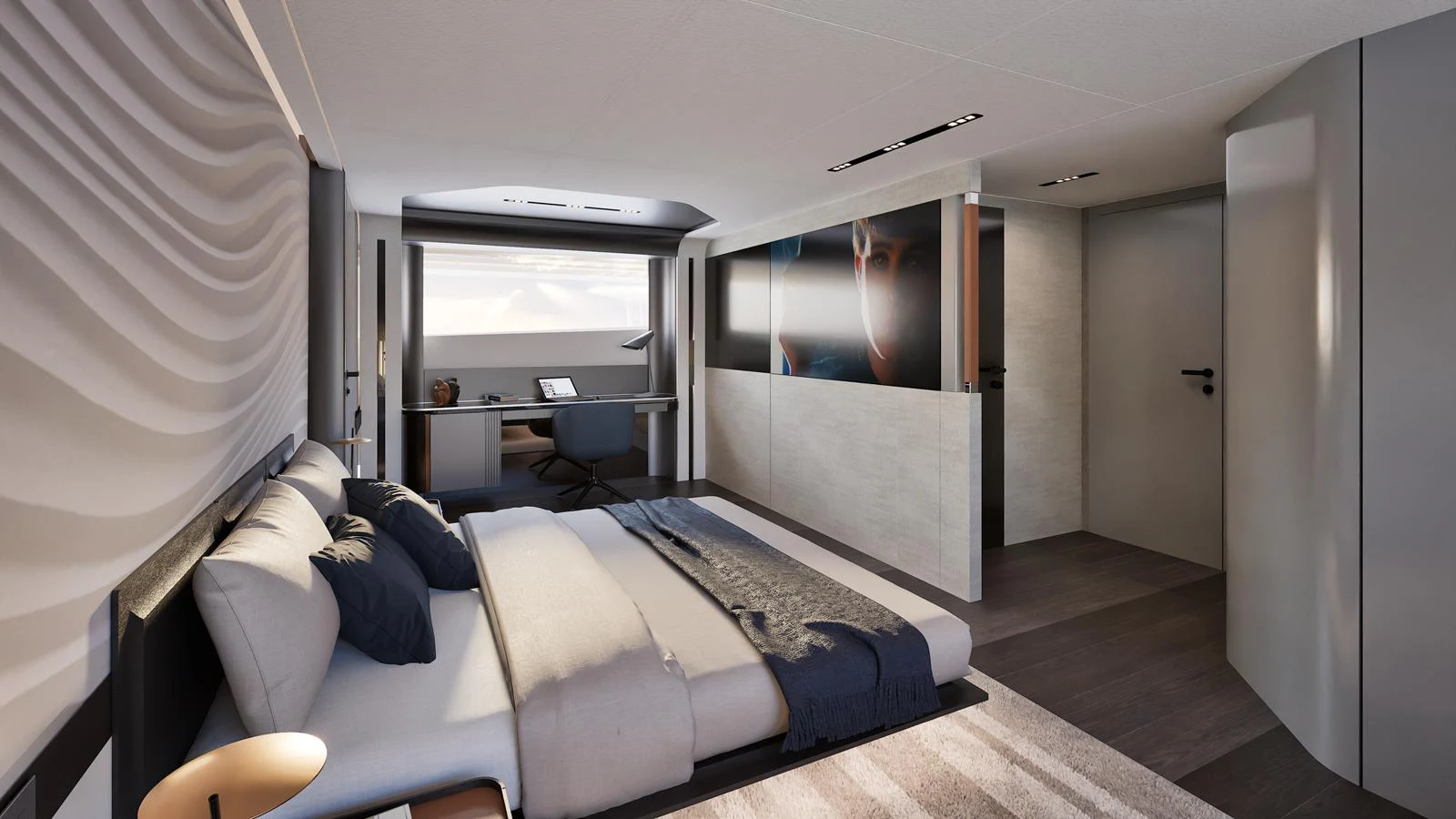 The master stateroom exudes modern elegance with its sleek design and luxurious furnishings. aboard ISA VIPER 130 Yacht for Sale