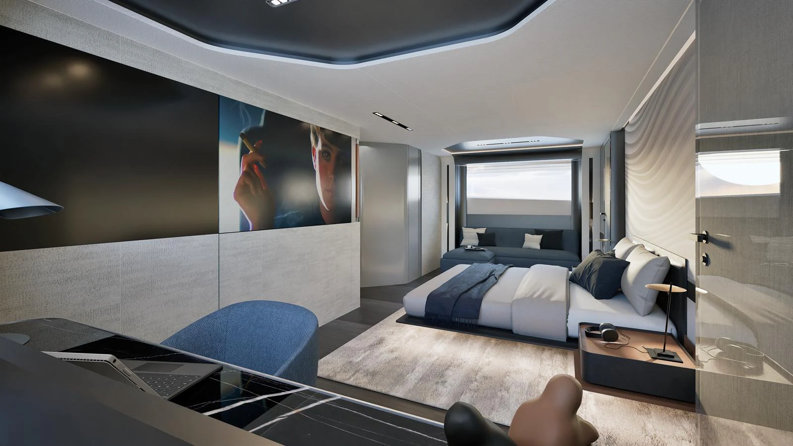 The master stateroom features a modern design with a spacious bed and luxurious amenities. aboard ISA VIPER 130 Yacht for Sale