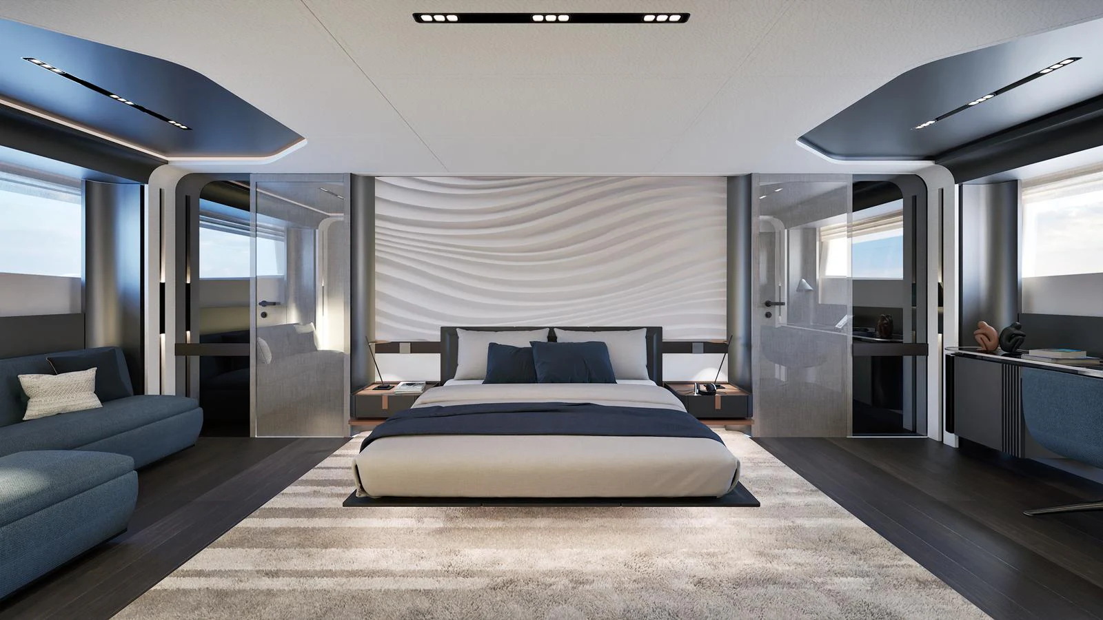 The master stateroom features a luxurious bed, modern decor, and ample natural light. aboard ISA VIPER 130 Yacht for Sale