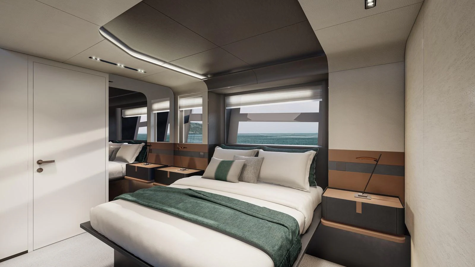 The stateroom features a luxurious bed with elegant bedding and modern decor, offering a serene view through large windows. aboard ISA VIPER 130 Yacht for Sale