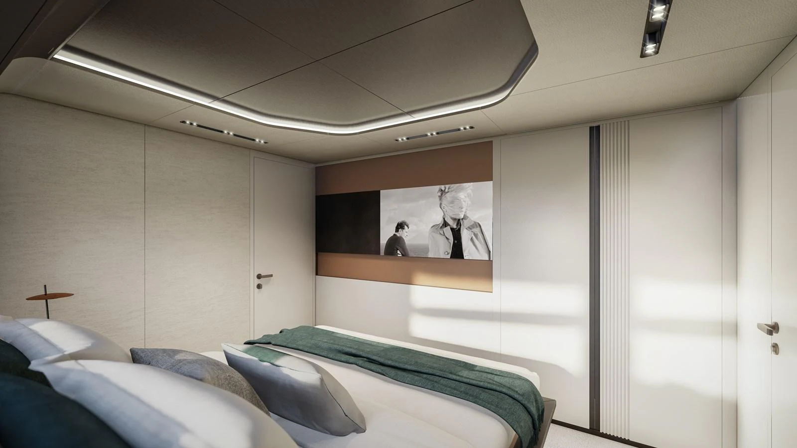 A luxurious stateroom featuring a modern design with elegant lighting and comfortable bedding. aboard ISA VIPER 130 Yacht for Sale