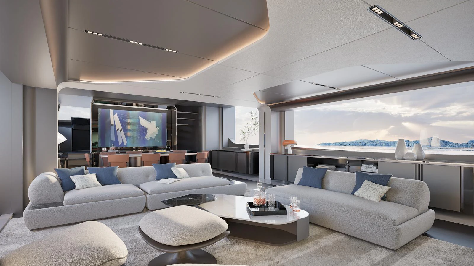 The luxurious salon features modern furnishings and expansive windows offering stunning sea views. aboard ISA VIPER 130 Yacht for Sale